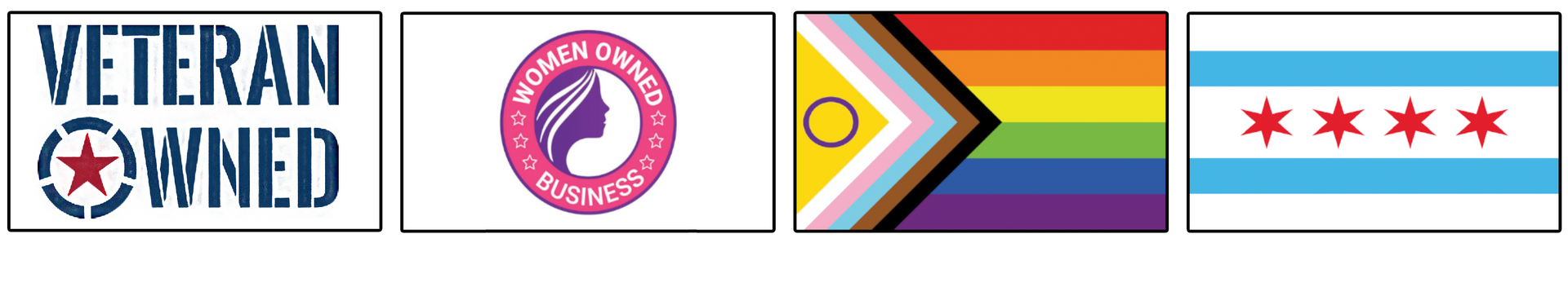 Veteran owned, women owned business; Progress Pride flag; Chicago flag